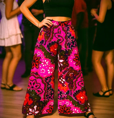  Pink Party Pants 70's Vintage Vibe Cotton Zip High Waist 28" Size 7/8 Flowers - Image 1 of 4