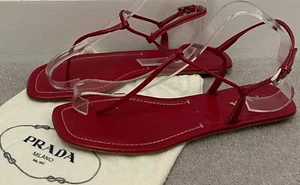 Sandalias para mujer PRADA de cuero rojo con tanga y correa al tobillo EU39.5 UK6.5 - Imagen 1 de 11