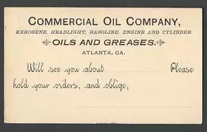 Ca 1888 UX9 ATLANTA GA COMMERCIAL OIL CO SELLS KEROSENE HEADLIGHTS SEE INFO - Picture 1 of 2