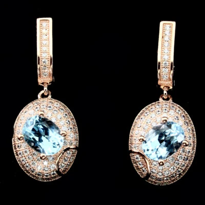 Orecchini In Argento Sterling 925 Ovali Con Topazio Blu Gemma Naturale 8x6mm - Immagine 1 di 4