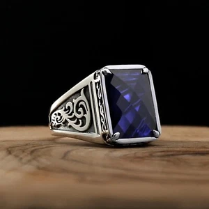 Solid 925 Sterling Silver Jewelry Blue Zircon Stone Men's Ring Size 7-15 - Picture 1 of 4