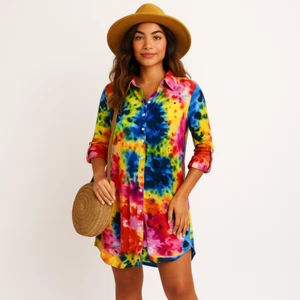 Camiseta de papel tie dye abotonada túnica camisa para mujer 1X brillante festival hippie - Imagen 1 de 14