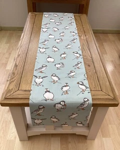 Atlantic Puffins Coastal Duck egg Seaside Holiday home lined table/Bed runner - Picture 1 of 2