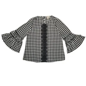 Hem & Thread Womens XS Black White Plaid Gingham Lace Front Bell Sleeve Top - Picture 1 of 11