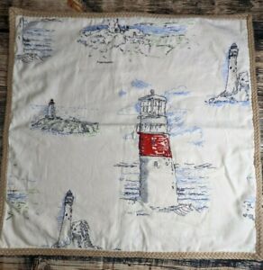 Pottery Barn Nautical Lighthouses Pillow Cover Embroidered Linen Coastal Beach