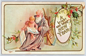 Postal antigua en relieve de vacaciones de Año Nuevo - anciano con niño (1913) - Imagen 1 de 2