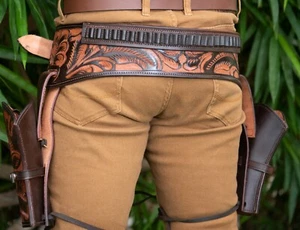 Western Leather Holster Gun Belt .22/.38/.44 Handmade Cowboy Revolver Pistol - Picture 1 of 19