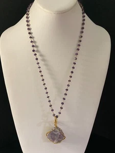 34" Amethyst Rosary Style Necklace w/Rough Cut Geode Pendant Red Brass 925 clasp - Picture 1 of 14
