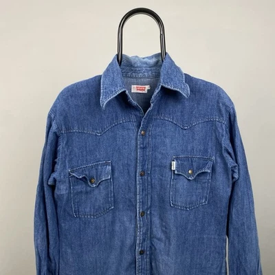 Levis Denim Western Shirt Snap Button Vintage 90s Blue Mens Medium Made In U.K. - Image 1 of 4