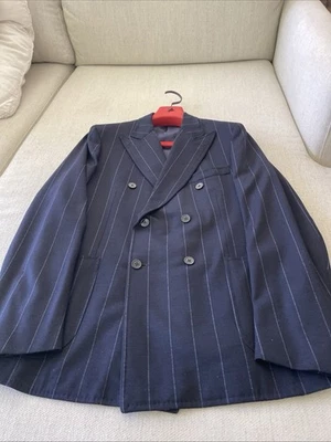 NUEVO ISAIA Comfort Hombre Azul Marino Tiza Rayas Doble Pecho Abrigo Deportivo, $4995 Foto 1 de 4
