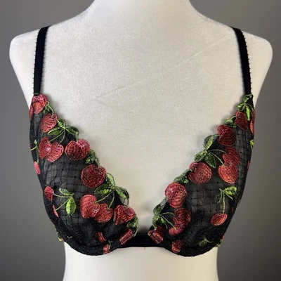 Sujetador Victoria's Secret Muy Sexy Corte Bajo Demi Negro Cereza Bordado Talla 36C Foto 1 de 4