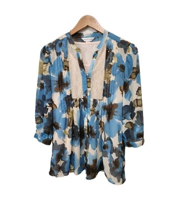 Top túnica mujer Christopher & Banks S azul 3/4 Slv encaje ribete pintucks forrado  Foto 1 de 4