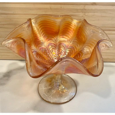 Vintage Carnival Glass Peacock Tail Ruffled Edge Compote- Fenton Marigold - Image 1 of 4