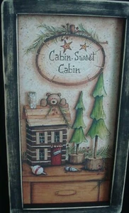 Primitive Country Print ~CABIN SWEET CABIN~ black frame 6 1/2 " x 12" - Picture 1 of 2