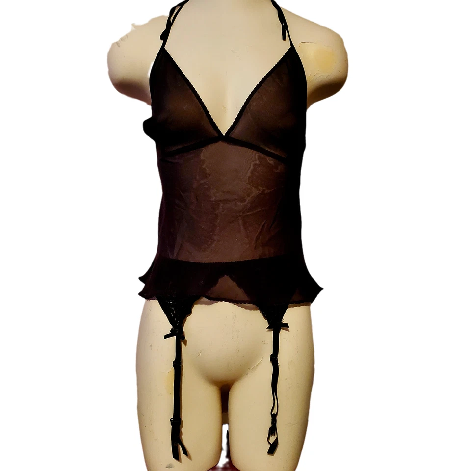 Antigo Victorias Secret Cami Conjunto Cinto de Liga Preto Transparente Chiffon Renda NOVAS Etiquetas Pequeno - Imagem 1 de 4
