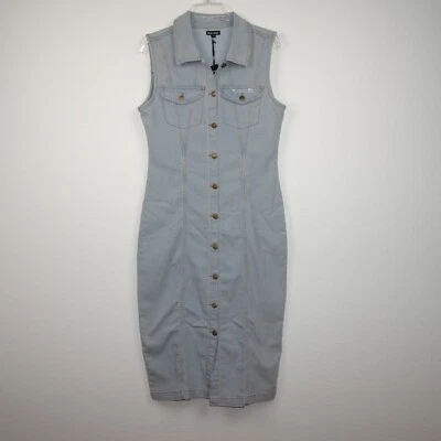 Bebe Denim Shirt Dress Women's Size L Blue Sleeveless Rhinestone Logo - Image 1 of 4