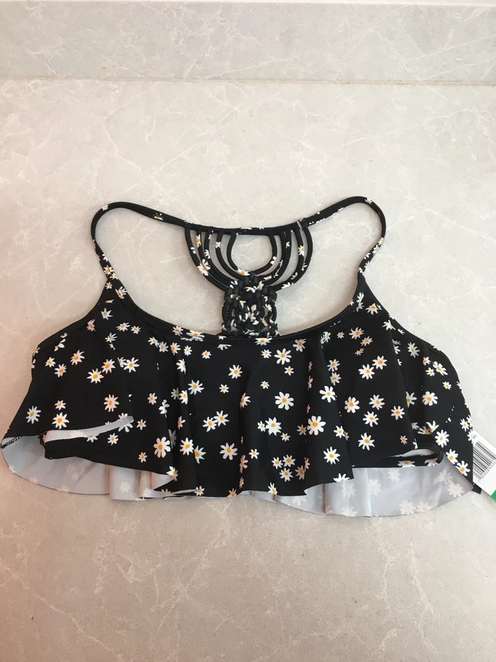 California Waves Bandeau Swimsuit Bikini Top Black Size L Floral Pl388