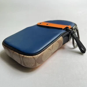COACH Phone Wallet North/South Hybrid Pouch Leather Blue Orange Brown 91293 - Picture 1 of 9