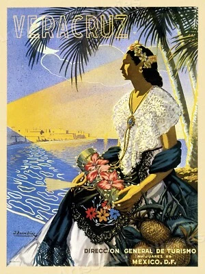 Póster de viaje estilo vintage de niña mexicana Veracruz 1951 - 18x24 Foto 1 de 3