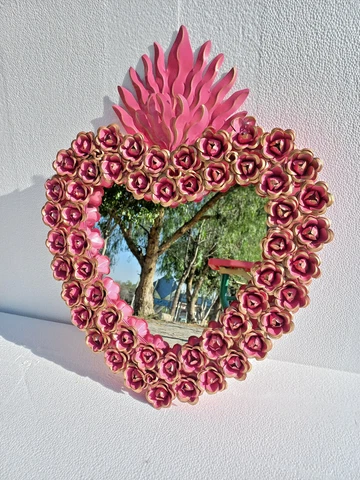 PUNCHED TIN MIRROR flower roses, Mexican hacienda style 25" Cover