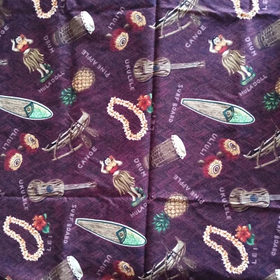 2 yds cotton Hawaiian print surfboard hula doll ukelele Kona Bay Fabrics purple - Image 1 of 4