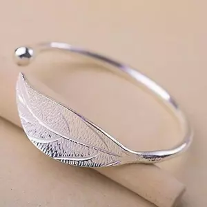 925 Sterling Silver Woman Cuff Bracelet Open Leaf Shaped Adjustable Charm Bangle - Picture 1 of 10