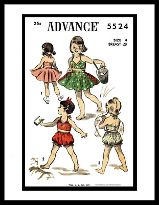 ADVANCE #5524 GIRL's 2pc Beach Romper PLAYSUIT Sunsuit DRESS Pattern TODDLER 4-8 - Image 1 of 3