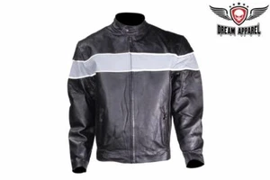 Men's Motorcycle Leather Jacket W/ Silver Reflective Trim Racing Stripe Zippered - Picture 1 of 12