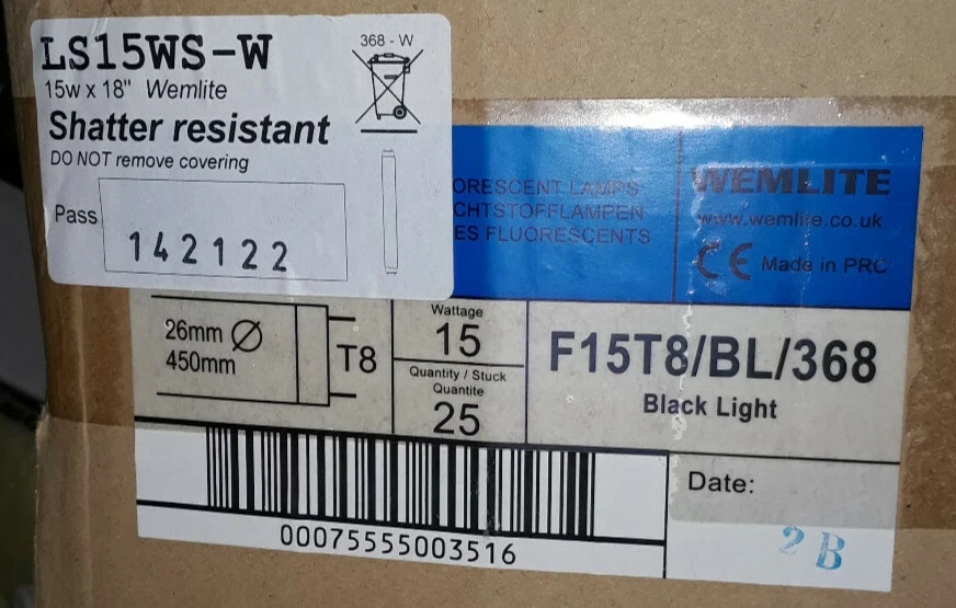 Wemlite T8 18"x1"Dia.15w F15T8/BL/368 Shatter Resistant (LS15WS-W) ( box 25 ) - Image 1 of 1