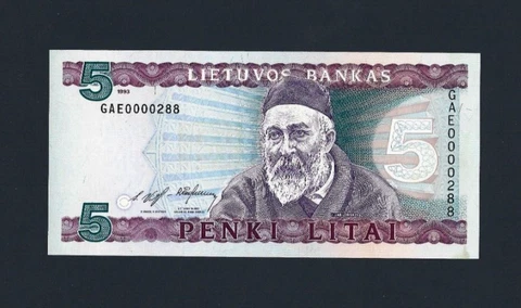 Lithuania 5 LITAI P-55 1993 Pre Euro UNC with tone WorldCurrency Lithuanian NOTE Cover