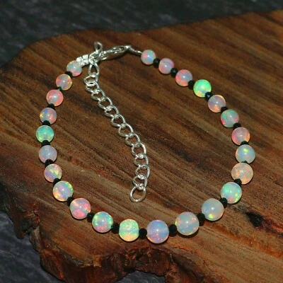 Natural Ethiopian Opal Round Balls & Black Spinel 925 Sterling Silver Bracelet - Image 1 of 3