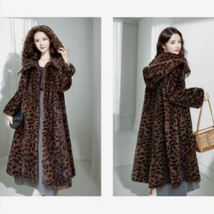 Women's Mink Fur Jacket Winter Hooded Long Fur Coat Leopard Velvet Temperament - Picture 1 of 16