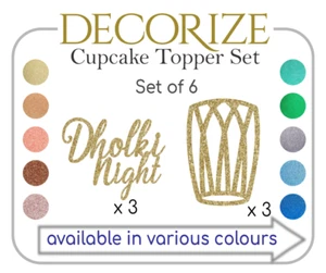 Dholki Night Glitter Cupcake Topper set Asian Pre Wedding Bridal Shower Party - Picture 1 of 4