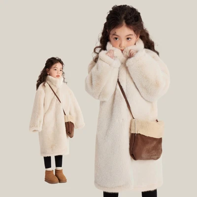 Kids Girl Faux Mink Fur Thick Parka Long Over The Knee Overcoat Warm Jacket Coat - Image 1 of 4