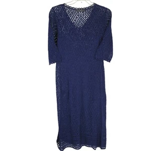 Peruvian Connection Crochet Lace Open Knit Midi Dress Large Blue Sheer boho chic - Picture 1 of 5
