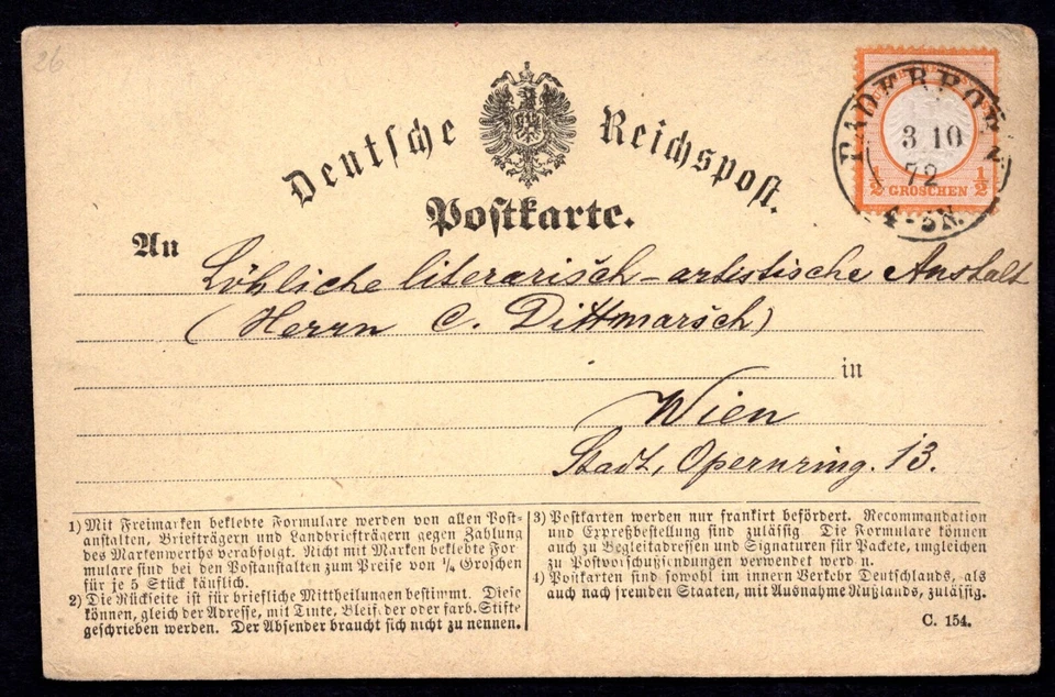 ALEMANIA 1872 SC. #3a ÚNICO FRANQUEO ATADO PADERBORN A VIENA EN POSTAL Foto 1 de 2