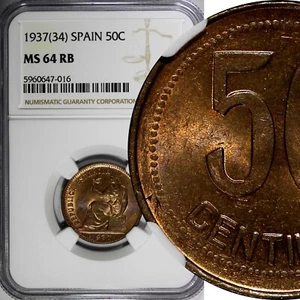 SPAIN II Republic Copper 1937 (34) 50 Centimos NGC MS64 RB KM# 754.1 (016) - Picture 1 of 4
