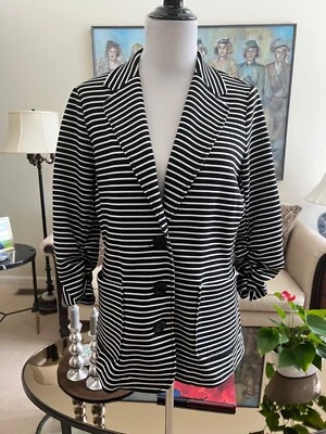 Chaqueta Blazer Karen Kane Blanco y Negro Rayas Botón Frontal Talla L Bolsillos NUEVO SIN ETIQUETAS Foto 1 de 4