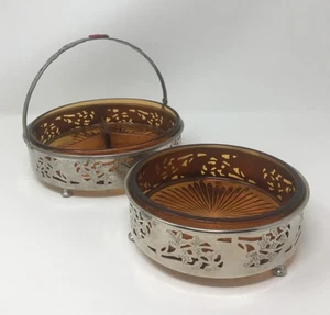 2 Piece Set Farberware Amber Glass Metal Baskets and Glass Dishes Candy - Picture 1 of 9