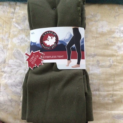 CANADA GEAR WOMENS 2 PACK FLEECE LINED FOOTLESS TIGHTS M/L Black & Green  NEW - Image 1 of 4