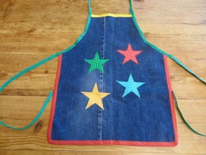 Kids denim upcycled unique apron blue spot stars red yellow green - Picture 1 of 4