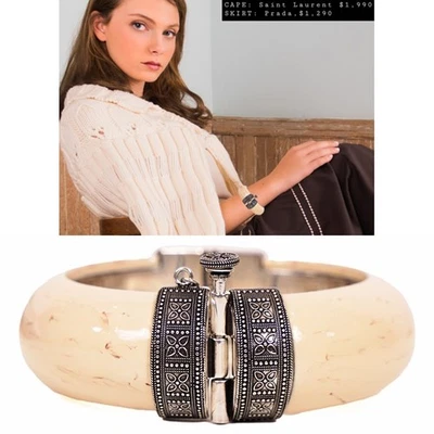 NEW $595 SAINT LAURENT Ivory Resin Vintage Style BOHO Hinged Pin Clasp BRACELET - Image 1 of 4