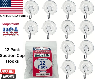 12 Pcs Suction Cup Hooks 1.2" Heavy Duty Clear Window Wall Hangers Bathroom USA - Image 1 of 4