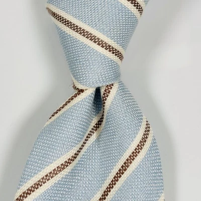 Dolcepunta 领带男式蓝色棕色条纹 100% 真丝纹理 XL 意大利手工制作 — 第 1/4 张图片