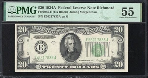 1934-A $20 RICHMOND FEDERAL RESERVE NOTE FRN  PMG 55 Fr 2055-E 17835 - Picture 1 of 2