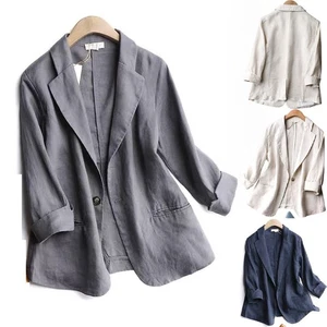 Ladies Plain Linen Cotton Long Sleeve One Button Blazer Suit Coats Jackets Tops - Picture 1 of 15