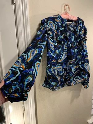 Blusa Marie Oliver Seda Azul Paisley Volantes! Talla XXS! Foto 1 de 4