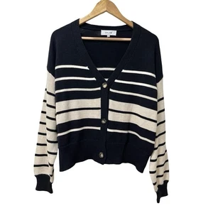 John + Jenn Womens Stripe Cotton Cardigan Size M Navy Nautical Preppy Academia - Picture 1 of 6