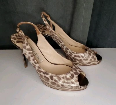 JIMMY CHOO Nova Dorado Leopardo Brillo Eslinga Punta Abierta 4" Tacones EU 37 US 7 Foto 1 de 4
