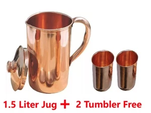 Pure Copper Handmade Jug Water Pitcher For Health Benefits 1.5L With 2 Glass - Picture 1 of 5